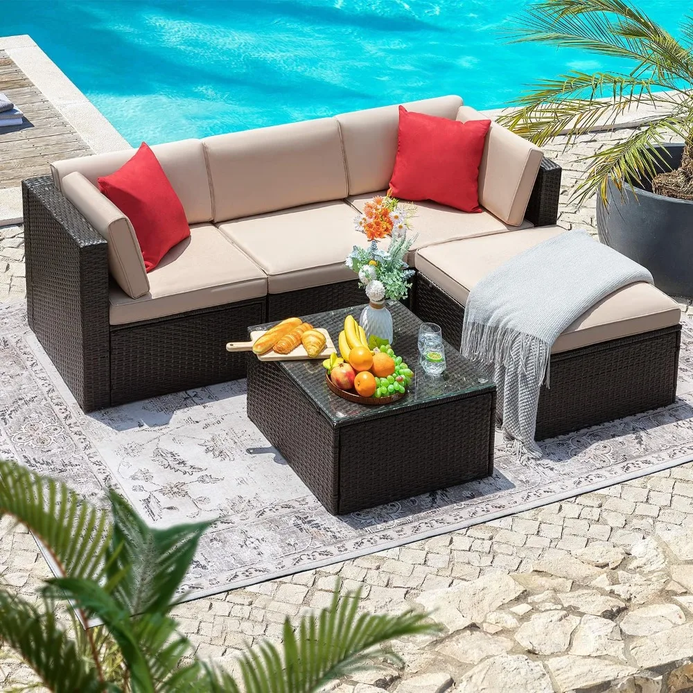 

5 Piece Patio Furniture Set Wicker Outdoor Sectional Sofa with Thick Cushions Tempered Glass Table Patio Couch Conversation Set