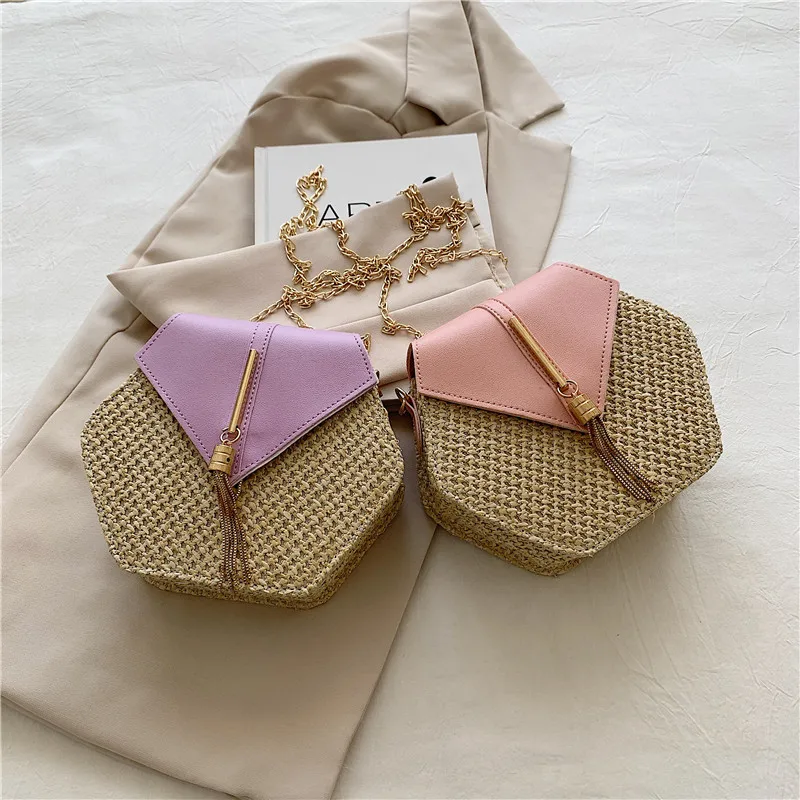 Hexagon Straw & Leather Handbag - Bohemian Woven Beach Shoulder Bag 31 Sa83d862259fe44b38824f9854d2a684dw