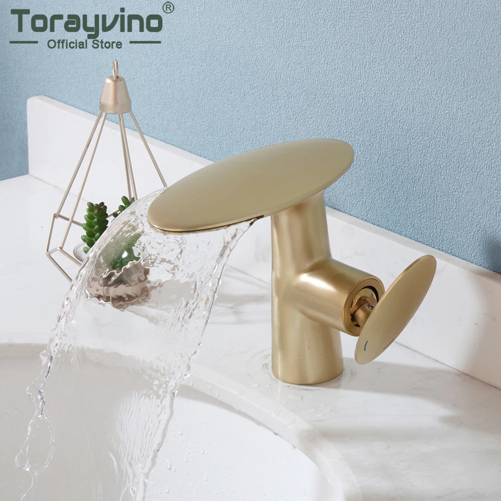 

Torayvino Brushed Gold Bathroom Faucet Basin Sink Deck Mounted Faucet Washbasin 1 Handle Waterfall Spout Bathtub Mixer Water Tap