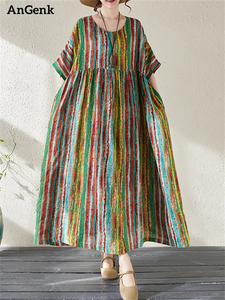 

Женское винтажное хлопковое платье в полоску, повседневное Свободное длинное платье большого размера с коротким рукавом, элегантная одежда на лето 2024