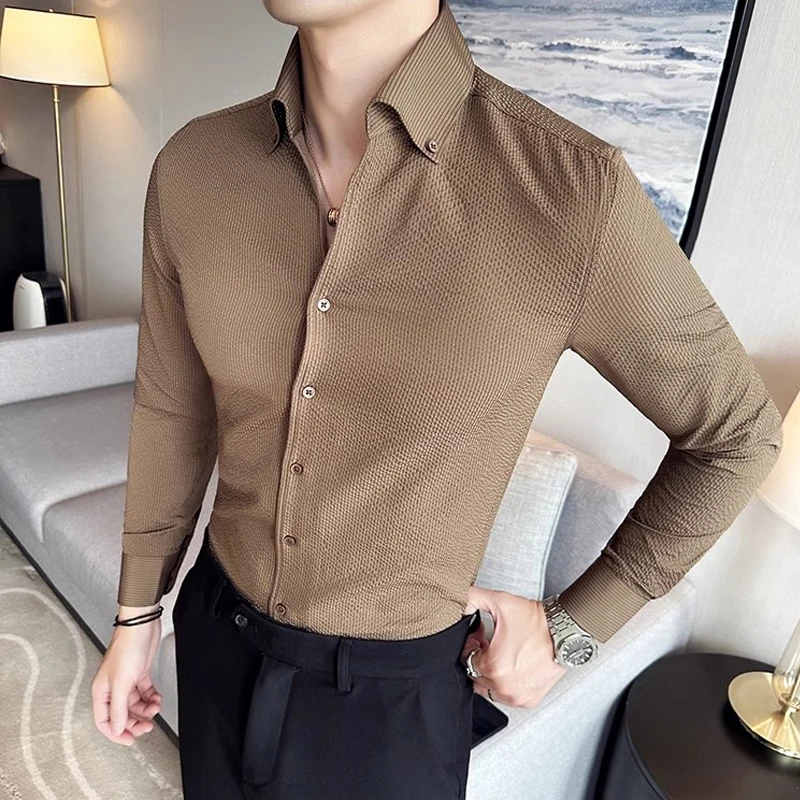 

Camisa Social Masculinas De Luxo V-Neck Slim Fit Long Sleeve Tuxedo Shirts for Men Autumn Wedding Party Blouse Homme Plus Size