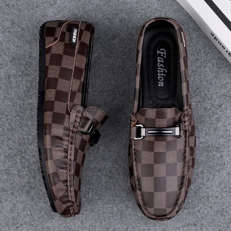 

Moccasins Plain Chessboard Style Loafers Men's Genuine Leather Business High-End Fashion