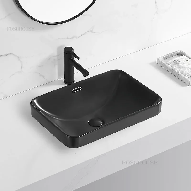 

Modern Ceramics Bathroom Sinks Taichung Basin Semi-recessed Wash Basin Household Black Single Basin Countertop Basin Washbasin