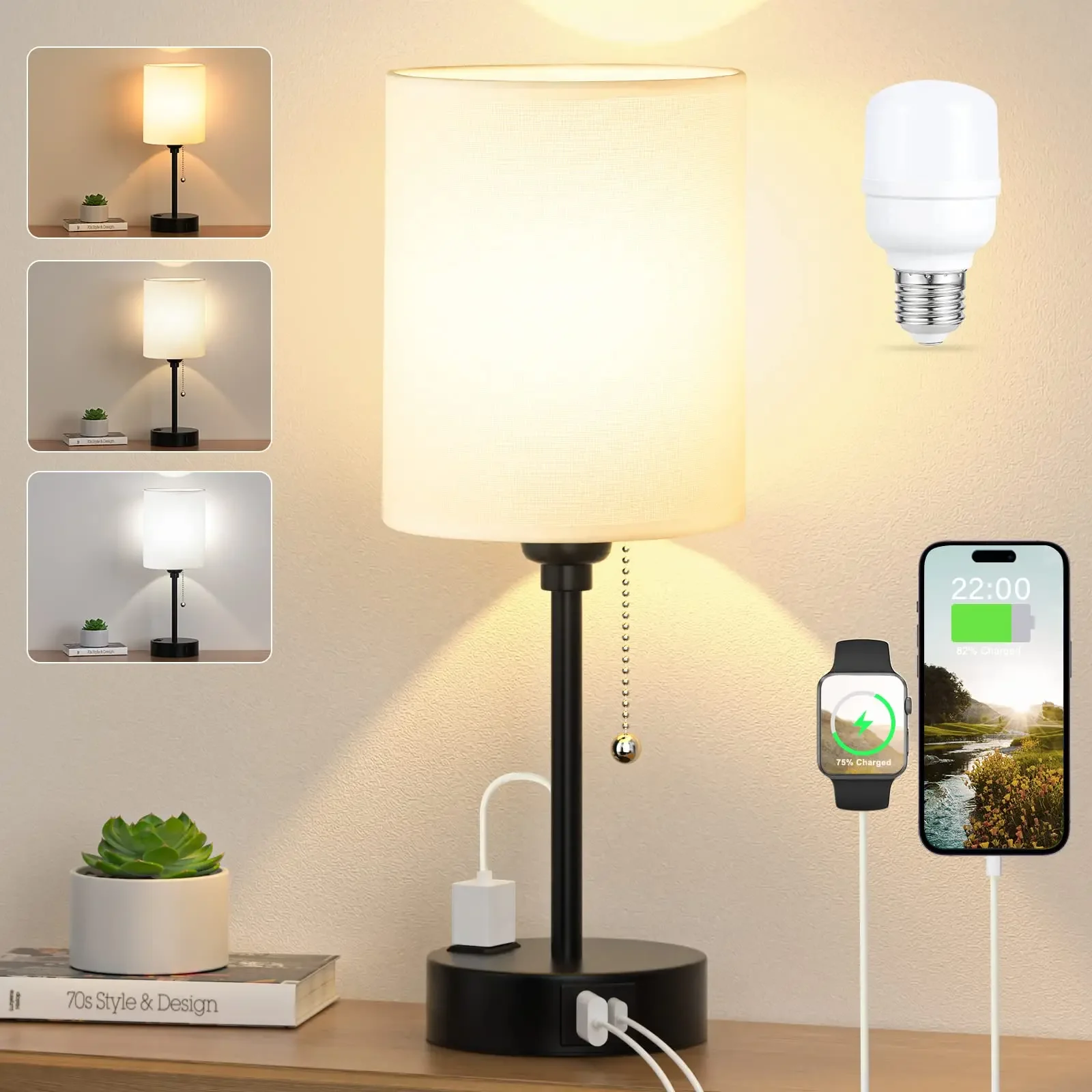 LED Table Lamp Usb Rechargeable Bedside Lamps with USB C and A Ports Pull Chain Desk Lamp White Lampshade Decoration for Bedroom
LED Table Lamp Usb Rechargeable Bedside Lamps with USB C and A Ports Pull Chain Desk Lamp White Lampshade Decoration for Bedroom