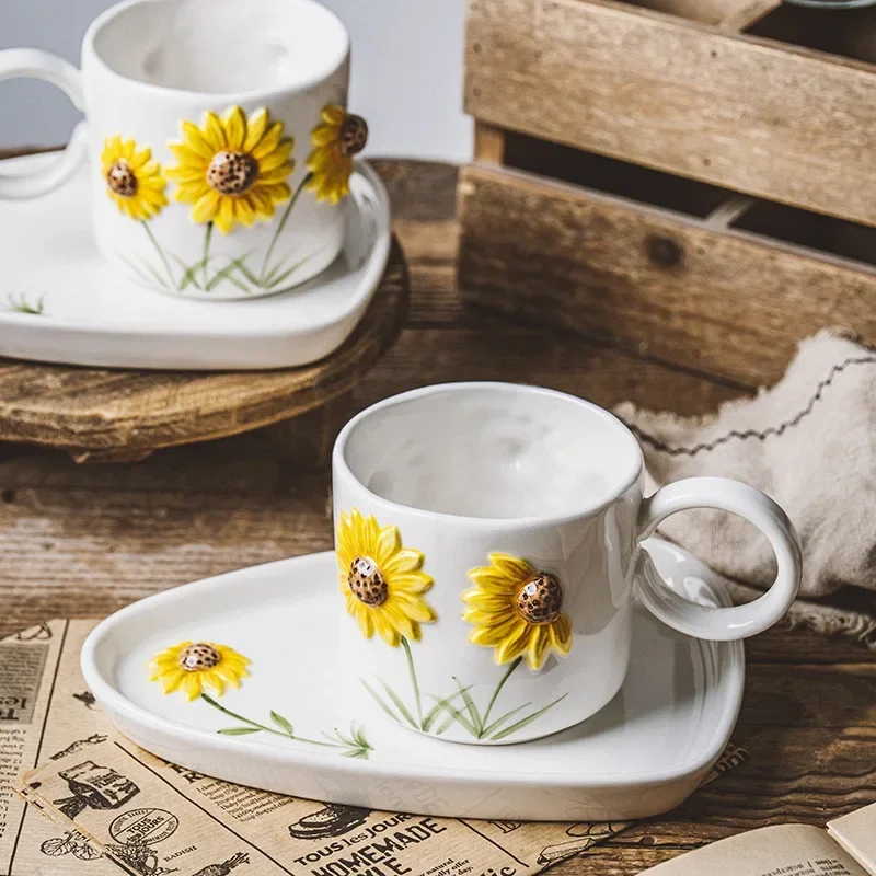 

1 Set Ceramic Sunflower Coffee Mug With Dessert Plate Novelty 3D Cake Saucer Afternoon Tea Milk Teacup 430ml Microwave Safe