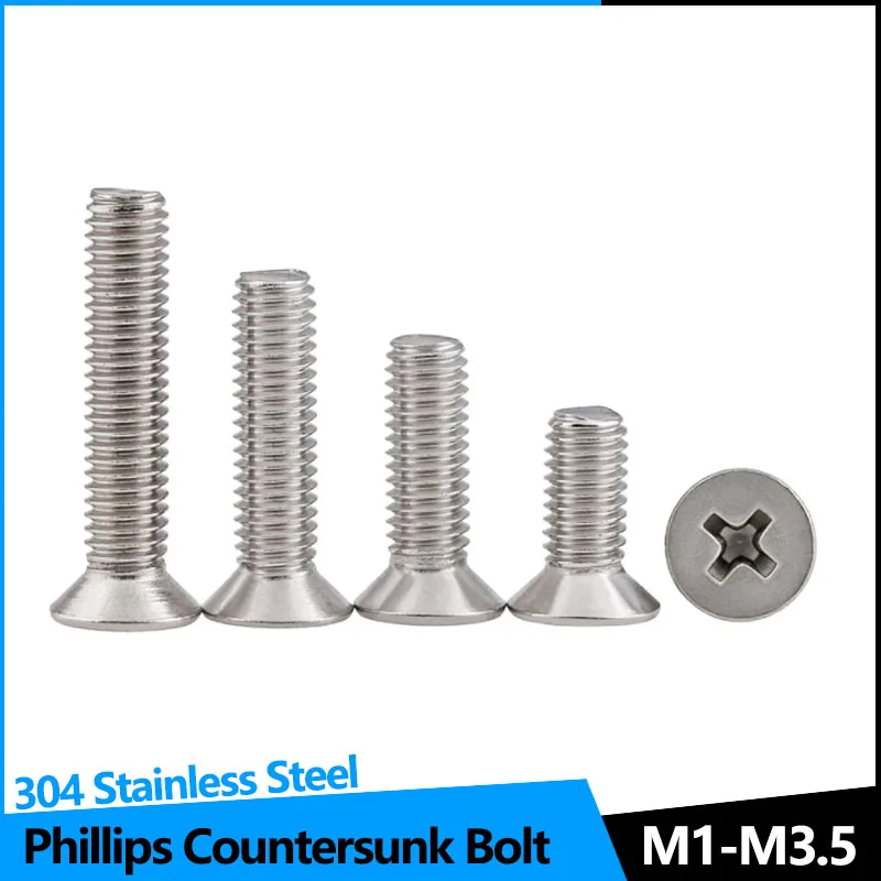 

304 Stainless Steel Flat Head Phillips Micro Machine Screws Cross Recessed Countersunk Mini Small Bolt M1 M1.4 M2 M3