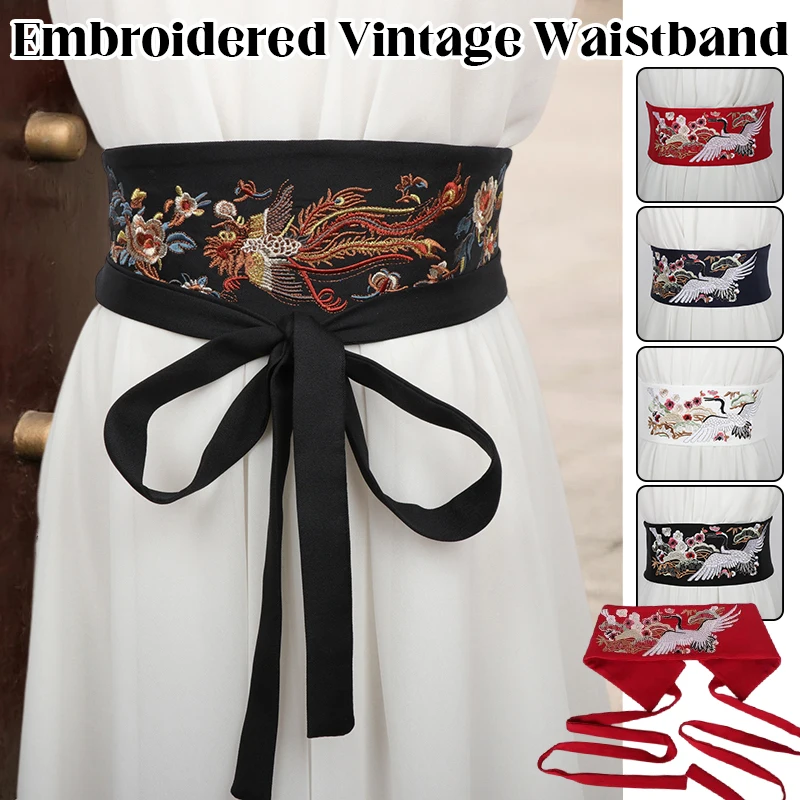 

Chinese Traditional Embroidery Crane Waistband Ethnic Style Hanfu Dress Decor Wide Waist Belt Lady Elegant Corset Tie Belt
