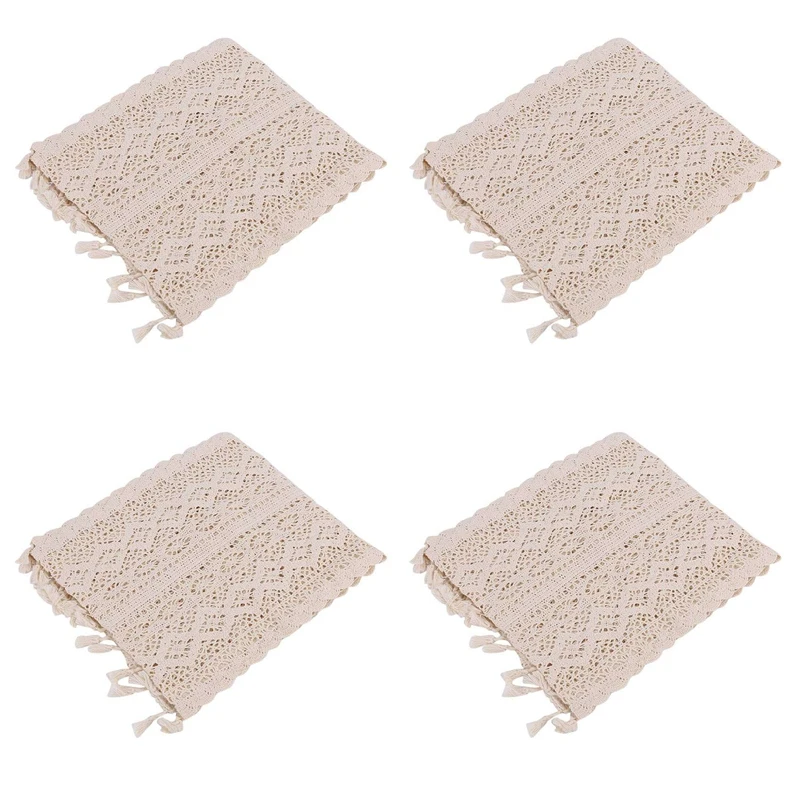

4X Elegant Cream Crochet Lace Macrame Table Runner With Tassels For Rustic Wedding Decoration And Farmhouse Table Decor