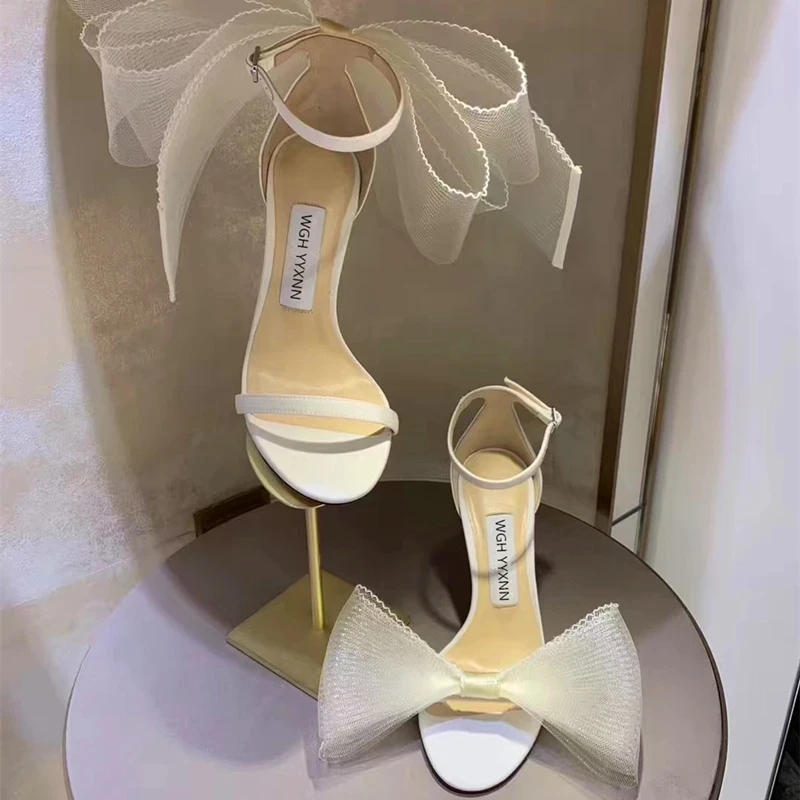 

Summer fashion bow pointed mesh silk face bride wedding shoes catwalk stiletto large size all-match banquet dress women's sandal