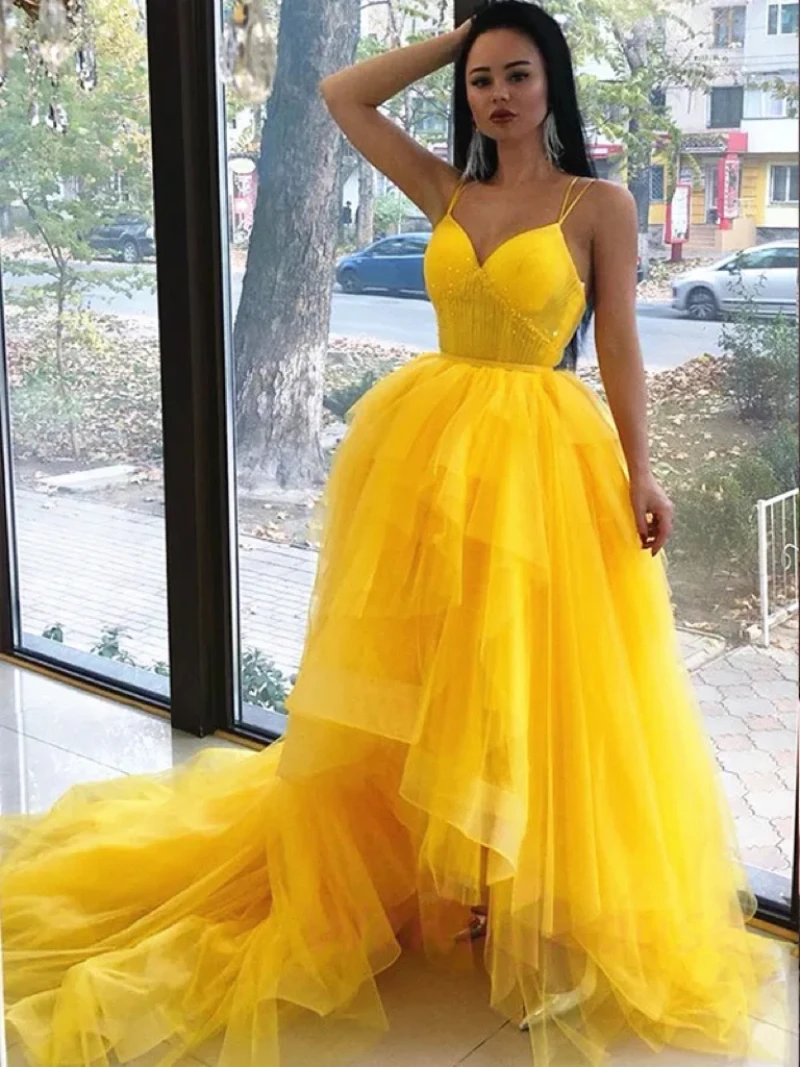 Yellow High Low Prom Dresses Ruffles Tiered Tulle Ball Gown Beads Wedding Party Night Girl Formal Gala Dress vestidos de noite
Yellow High Low Prom Dresses Ruffles Tiered Tulle Ball Gown Beads Wedding Party Night Girl Formal Gala Dress vestidos de noite