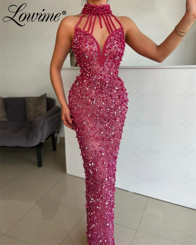 

Fuchsia Beaded Fashion Party Dresses Pearl Sequins Long Evening Gowns Haute Couture Straight Floor Length Crystals Prom Dresses