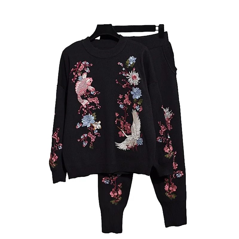 

Autumn Fashion Flower Embroidery Knitted Tracksuits Women Outfits 2pc Loose Casual Black Pullover Sweater Long Pants Set Female