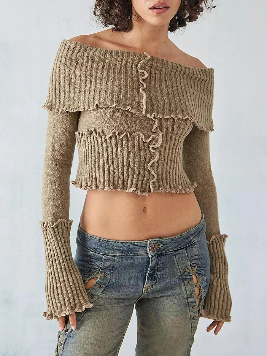 

Women s Off-Shoulder Cropped Tops Ribbed Knit Long Sleeve Lettuce Edge Trims Sweater Slim Fitted Y2K Knitwear
