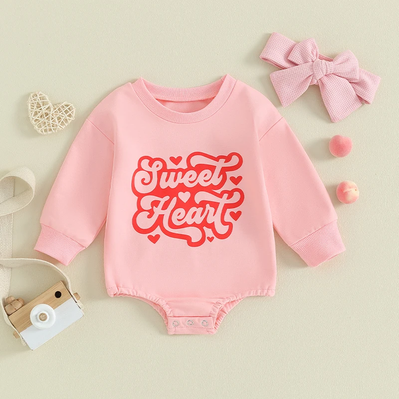 

Lioraitiin 0-18M Newborn Baby Girl Outfit Long Sleeve Crew Neck Letters Heart Print Romper with Hairband Valentines Day Clothes