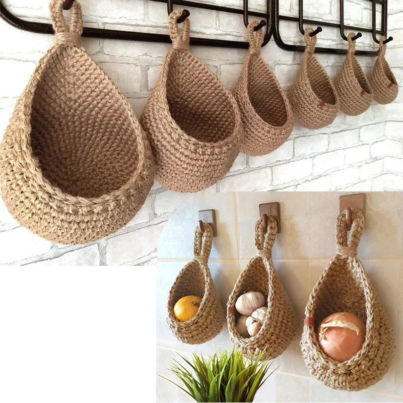 

1pcs Fruit Vegetable Basket Handwoven Wall Hanging Teardrop Plant Basket Kitchen Table Wall Hanging Storage Basket Container