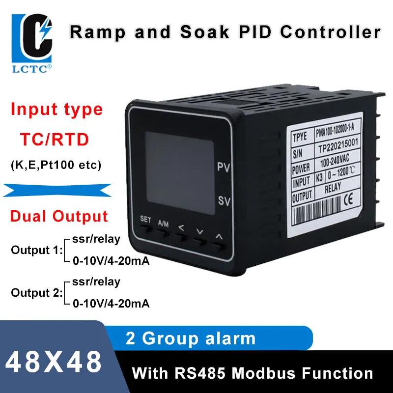 

TC/RTD Input 48x48mm Dual Output SSR/Relay/4-20mA/0-10V 50 Segments Programmable Ramp Soak LCD Pid Temperature Controller