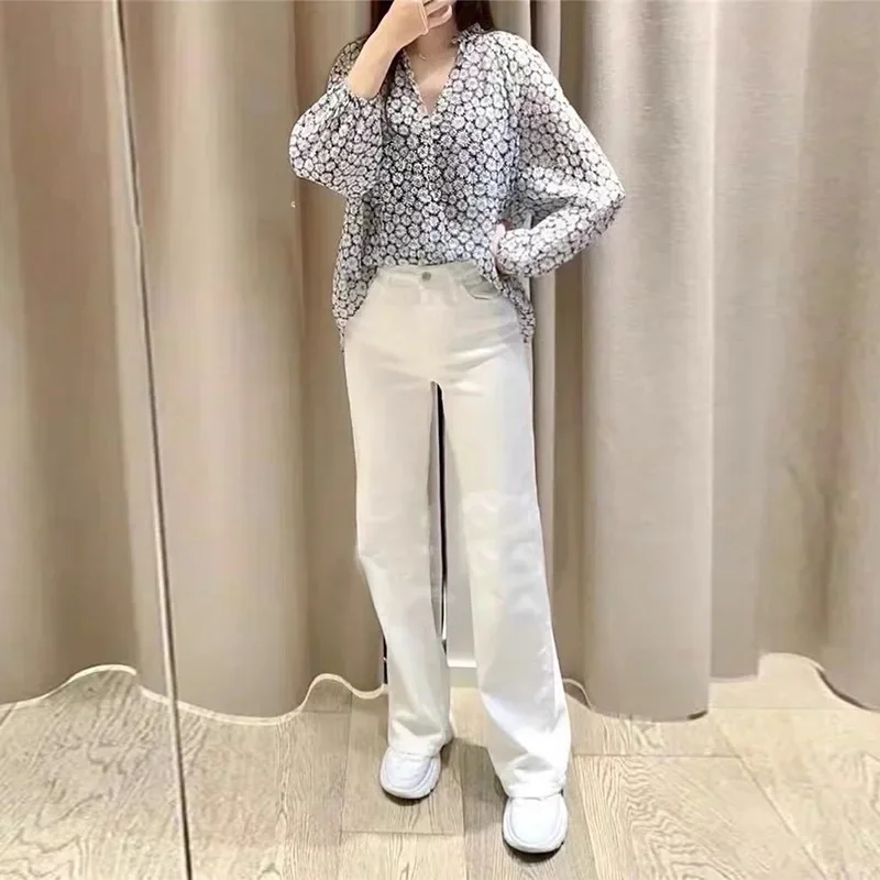 

White Wide Leg Jeans Women High Waist Casual All-match Zipper Fly Ladies Straight Denim Long Pants