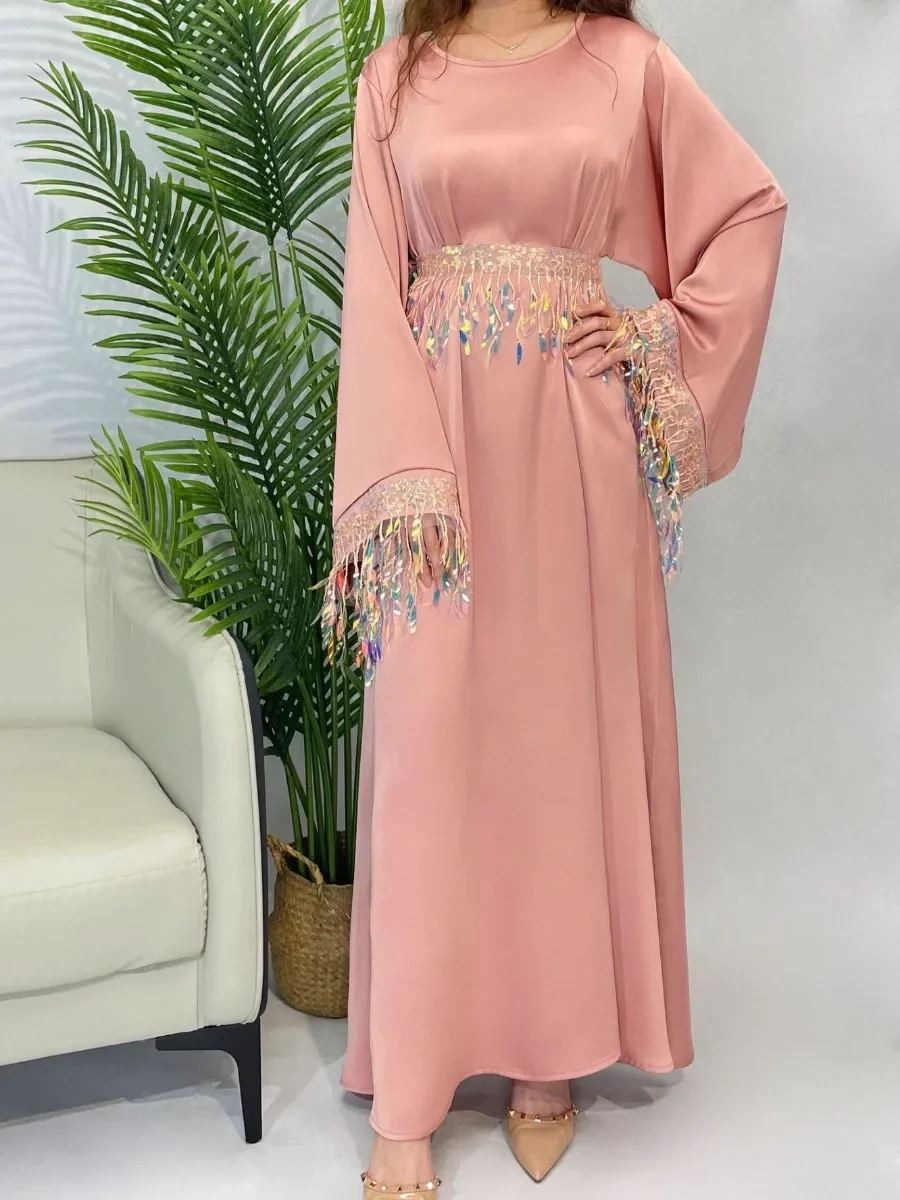 

Sequins Muslim Abaya Dress for Women Eid Morocco Ramadan Lace-up Tassel Sleeve Vestidos Largo Kaftan Islam Dubai Arab Long Robe