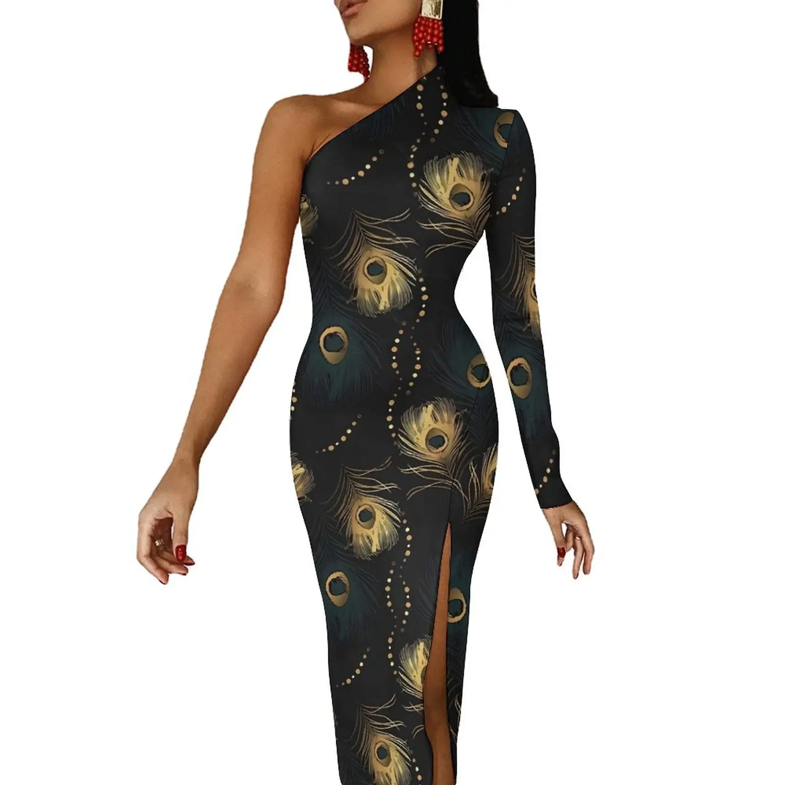 

Golden Peacock Feather Bodycon Dress Autumn Animal Night Club Side Split Long Dresses Long Sleeve Design Street Style Dress