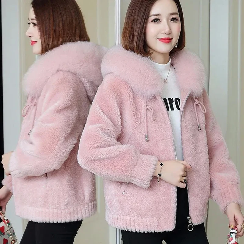 

Faux Fur Sheep Shearing Jacket Fur Collar Hooded Zipper Short Coat Women Autumn Winter Thick Warm Lambswool Outerwear Female