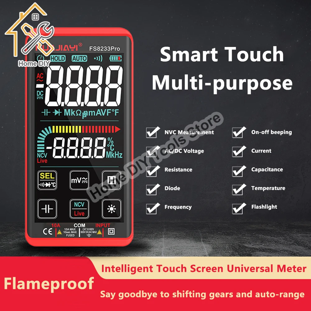 FS8233 PRO Умный цифровой мультиметр с сенсорным экраном Зарядка через USB 9999 отсчетов Бесконтактный измеритель напряжения и тока Измерительный инструмент
FS8233 PRO Умный цифровой мультиметр с сенсорным экраном Зарядка через USB 9999 отсчетов Бесконтактный измеритель напряжения и тока Измерительный инструмент