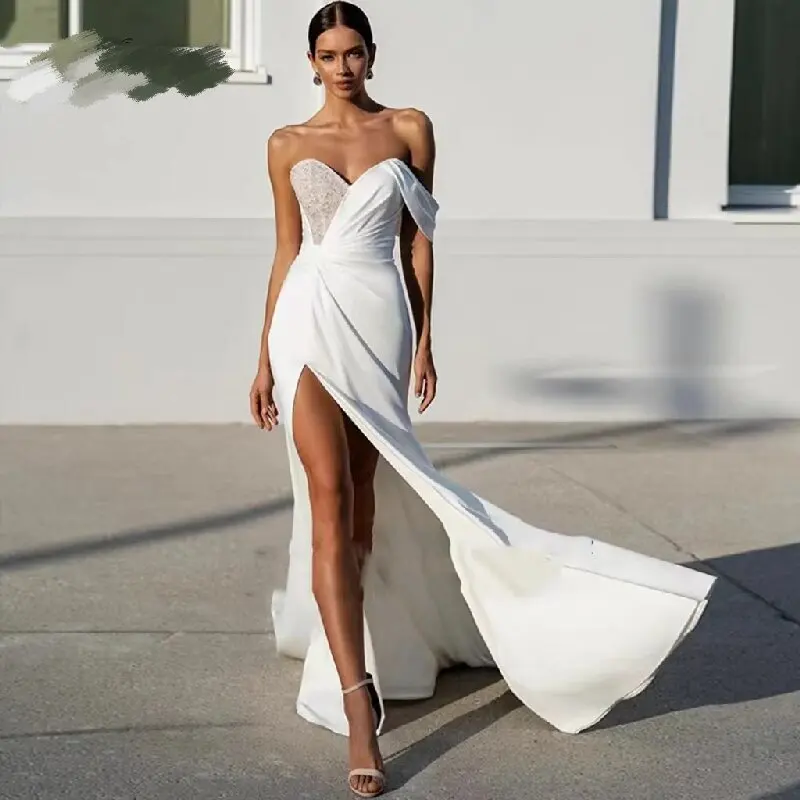 Elegant Mermaid Sweetheart Sexy Wedding Dresses White One Shoulder Backless High Side Split Satin Bridal Gown Vestido De Novia
Elegant Mermaid Sweetheart Sexy Wedding Dresses White One Shoulder Backless High Side Split Satin Bridal Gown Vestido De Novia