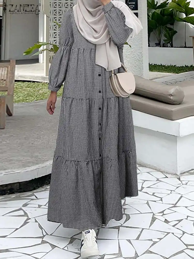 

ZANZEA Elegant Checked Plaid Muslim Dress Autumn Woman Long Sleeve O-Neck Dresses Stylish Party Eid Mubarek Vestidos Oversized