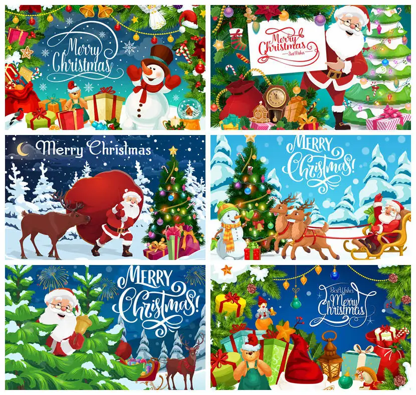 

MOON.QG Photography Backdrop Merry Christmas Banner Decoration Photo Background Tree Pine Snow Floor Reindeer Santa Claus Props