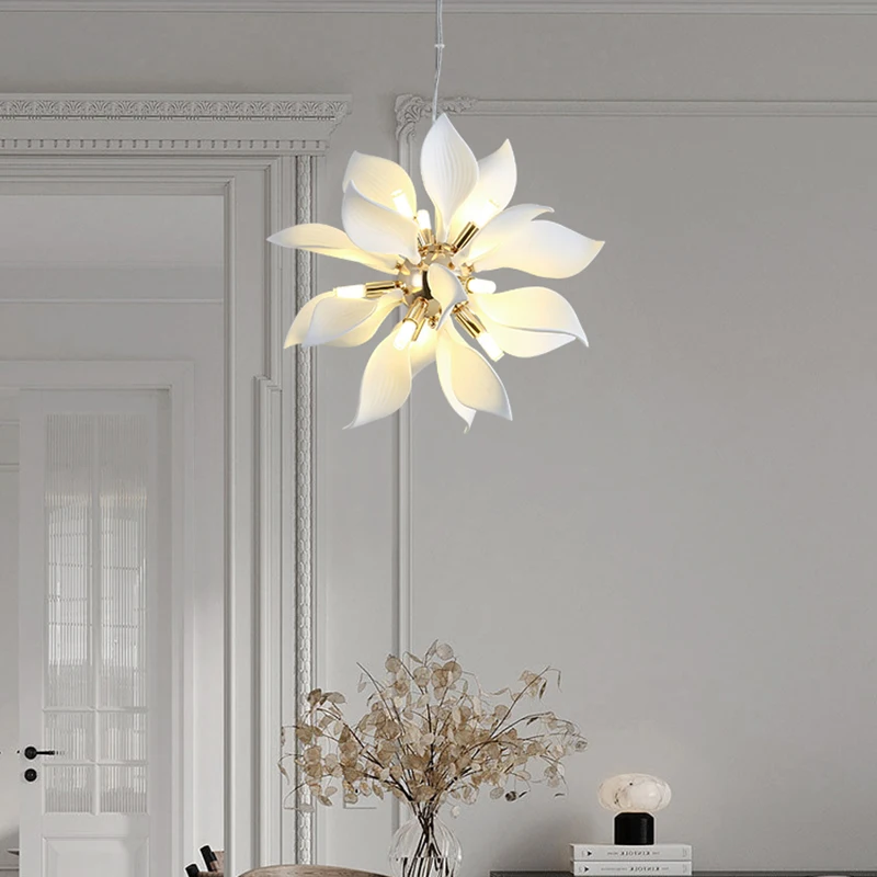 

Modern Living Room Bedroom Kitchen Ceramic Led Pendant Light Nordic Hotel Lobby Villa Lamp Restaurant Art Petal Gloss Chandelier