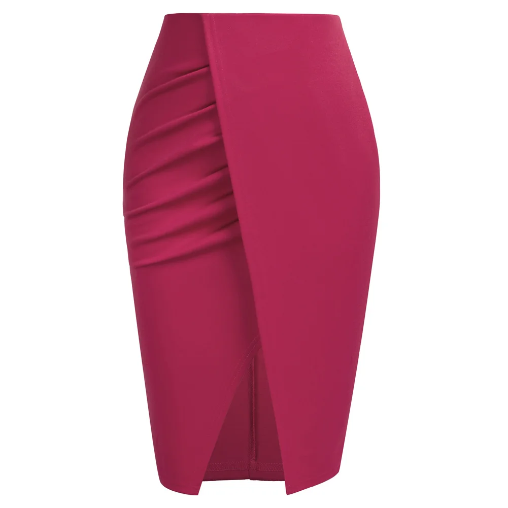 

KK Women High Waist Below Knee Bodycon Skirt Wear To Work Pencil Skirts For Women Elastic High Waist Wrap Front OL Workwear A30