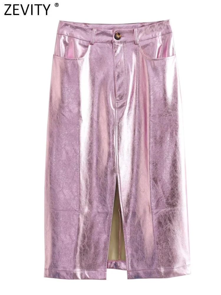 

ZEVITY новая женская мода металлик Цвет спереди разрез тонкая юбка винтажная Высокая талия Молния Fly женские миди юбки Mujer QUN5486