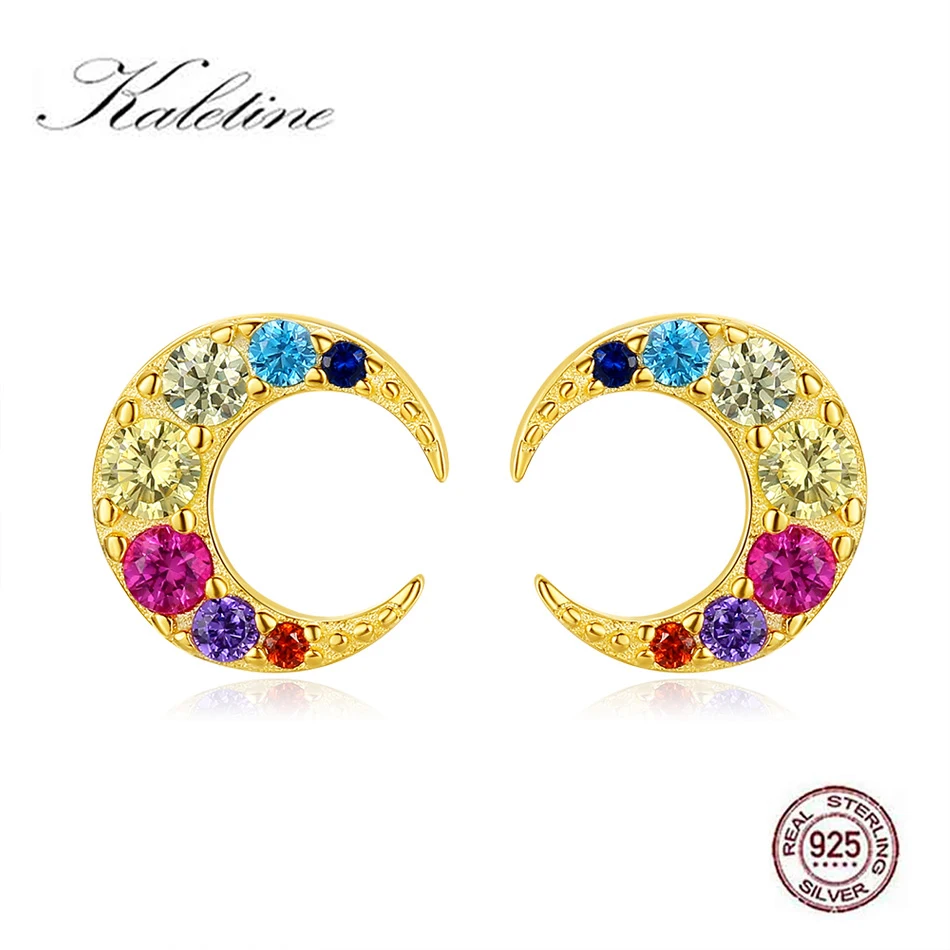 

Kaletine Cute 925 Sterling Silver Stud Earrings for Women Jewelry Gift Color Rainbow CZ Tiny Star Moon Earrings Fashion