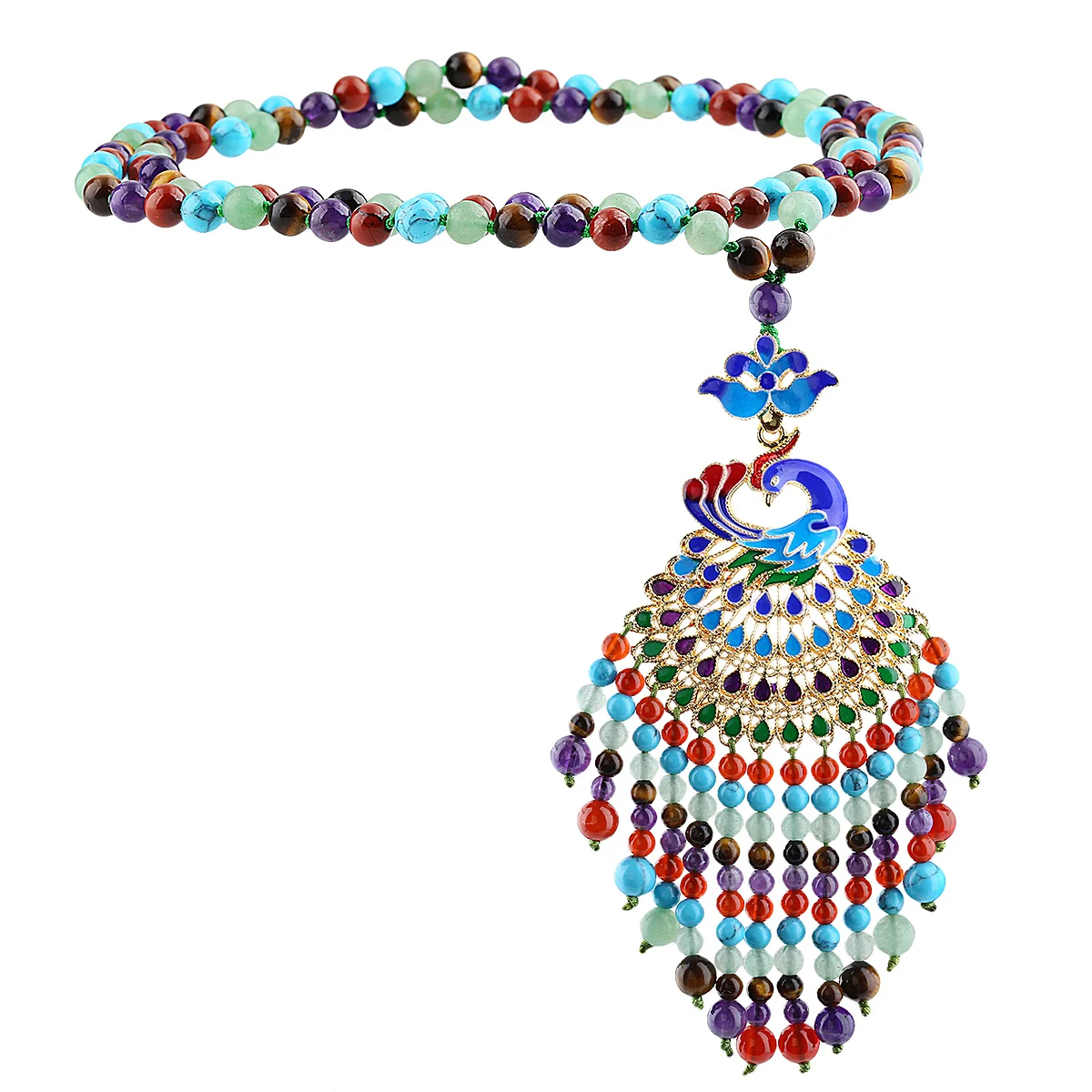 Mixed Color Crystal Stone Round Beads Pendant Necklace With Peacock Flower Charms Long Tassel For Men Women Jewelry
Mixed Color Crystal Stone Round Beads Pendant Necklace With Peacock Flower Charms Long Tassel For Men Women Jewelry