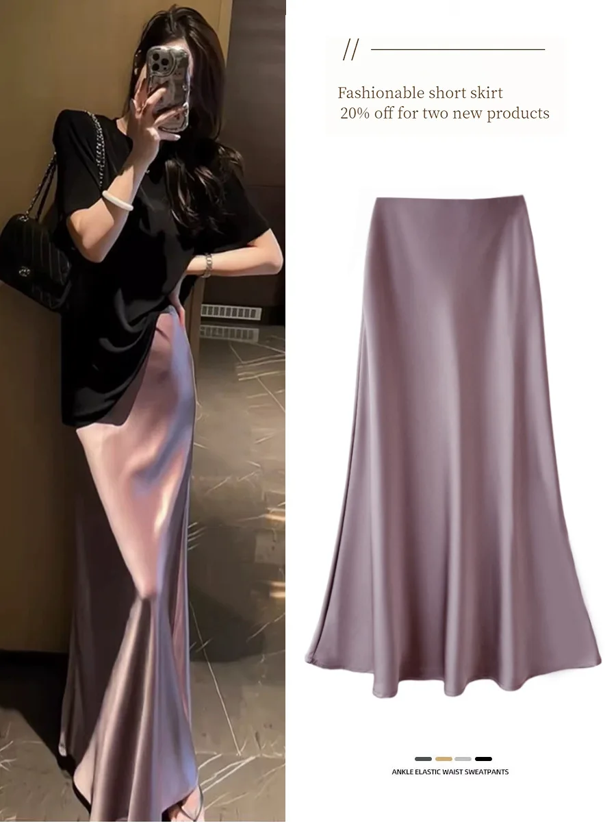 

High waisted slimming mid length satin acetate silk smooth half skirt 2024 spring/summer new wrap buttocks fishtail A-line long