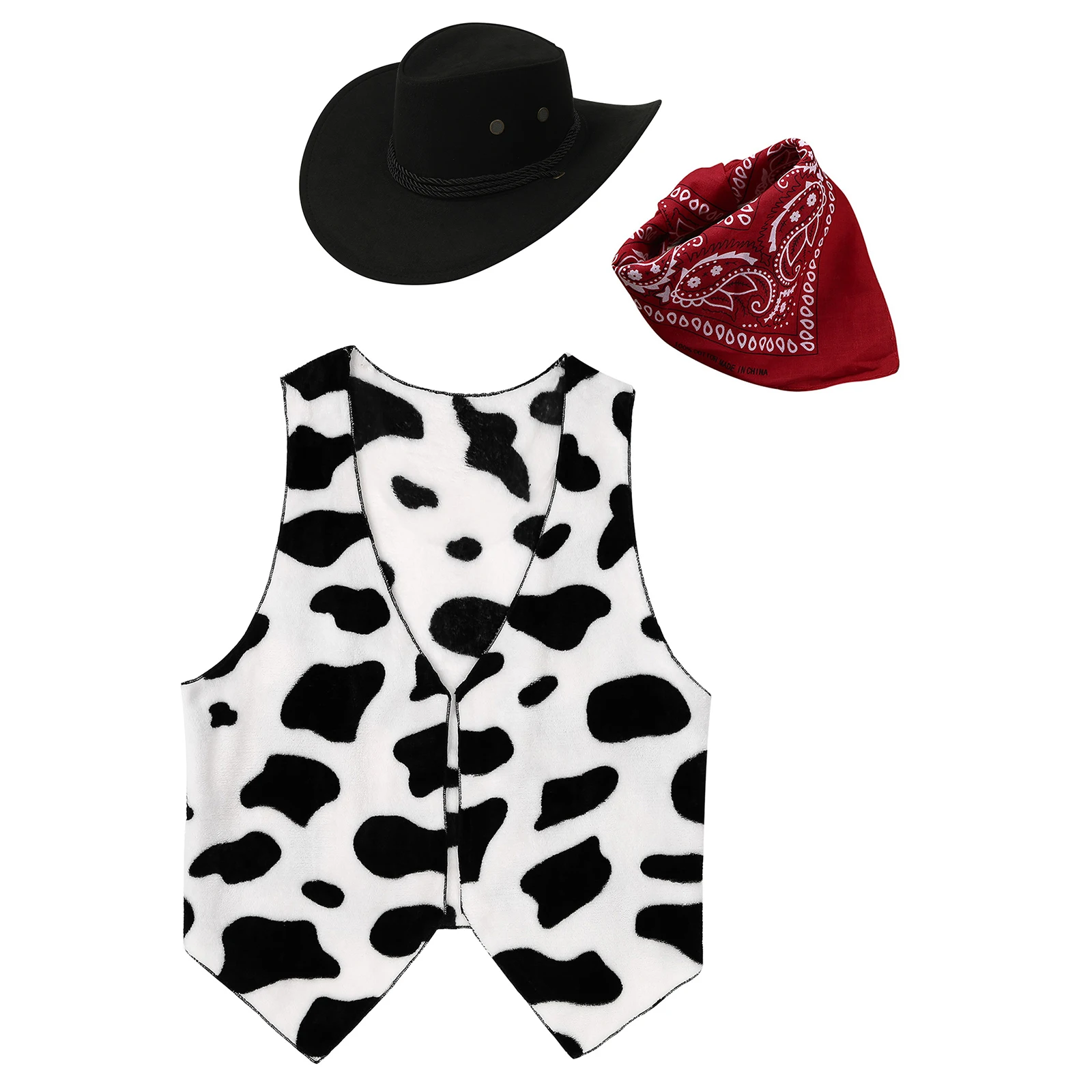 

Men Halloween Western Cowboy Cosplay Costume Cow Print Flannel Waistcoat Vest with Bandanna Hat Theme Party Carnival Outfits