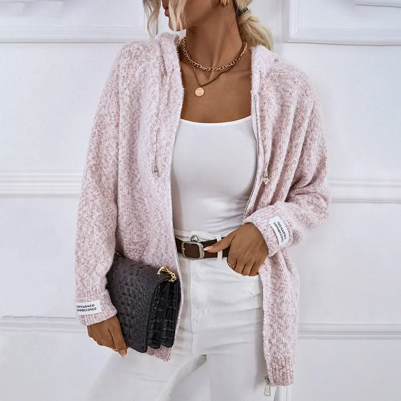 Women Autumn and Winter New Hooded Drawstring Cardigan Sweater Solid Colorzipper Splicing Long Sleeves Coat 
Women Autumn and Winter New Hooded Drawstring Cardigan Sweater Solid Colorzipper Splicing Long Sleeves Coat