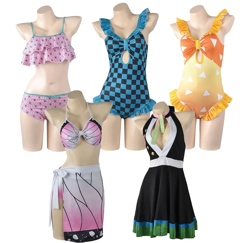 

Anime Demon Slayer Swimsuit Bikini with Kimono Cover Up Women Nezuko Shinobu Cosplay Kimetsu No Yaiba Swimwear Sexy Bathing Suit