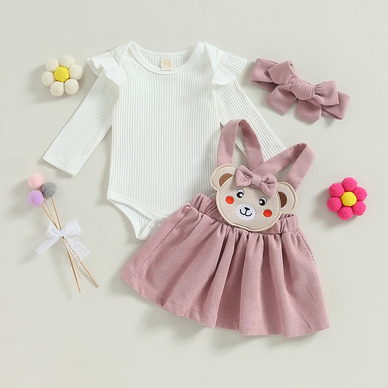 Toddler Baby Girls Clothes Set Ruffles Long Sleeve Ribbed Romper Tops with Bear Suspender Skirt Bow Headband Cute Outfits
Toddler Baby Girls Clothes Set Ruffles Long Sleeve Ribbed Romper Tops with Bear Suspender Skirt Bow Headband Cute Outfits