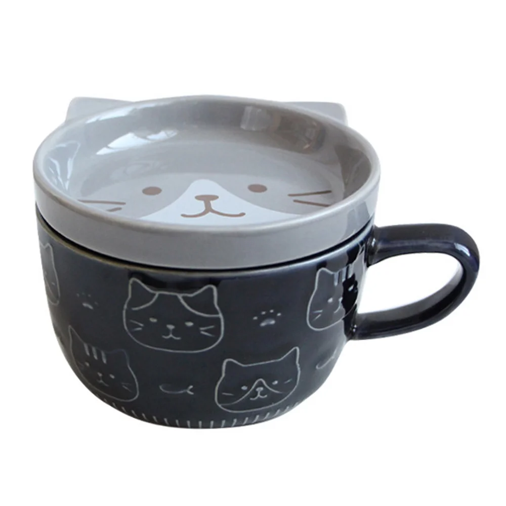 

Креативные керамические кофейные кружки с крышкой, фарфоровая чашка с милым котом, чашка для семейного завтрака, молока, сока, напитков (синий)