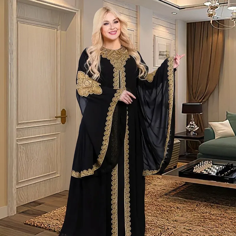 

Muslim Suit Fashion Loose Muslim Evening Gown Dubai Kaftan Abaya Bell Sleeve Embroidered Robe Long Dress African Dresses Women