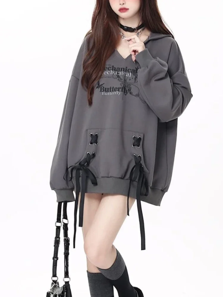 

Black Y2k Gothic Korea Sweaters Women Strappy Loose Casual France Pullovers Female Long Sleeve Vintage Hoodie Autumn Winter 2024