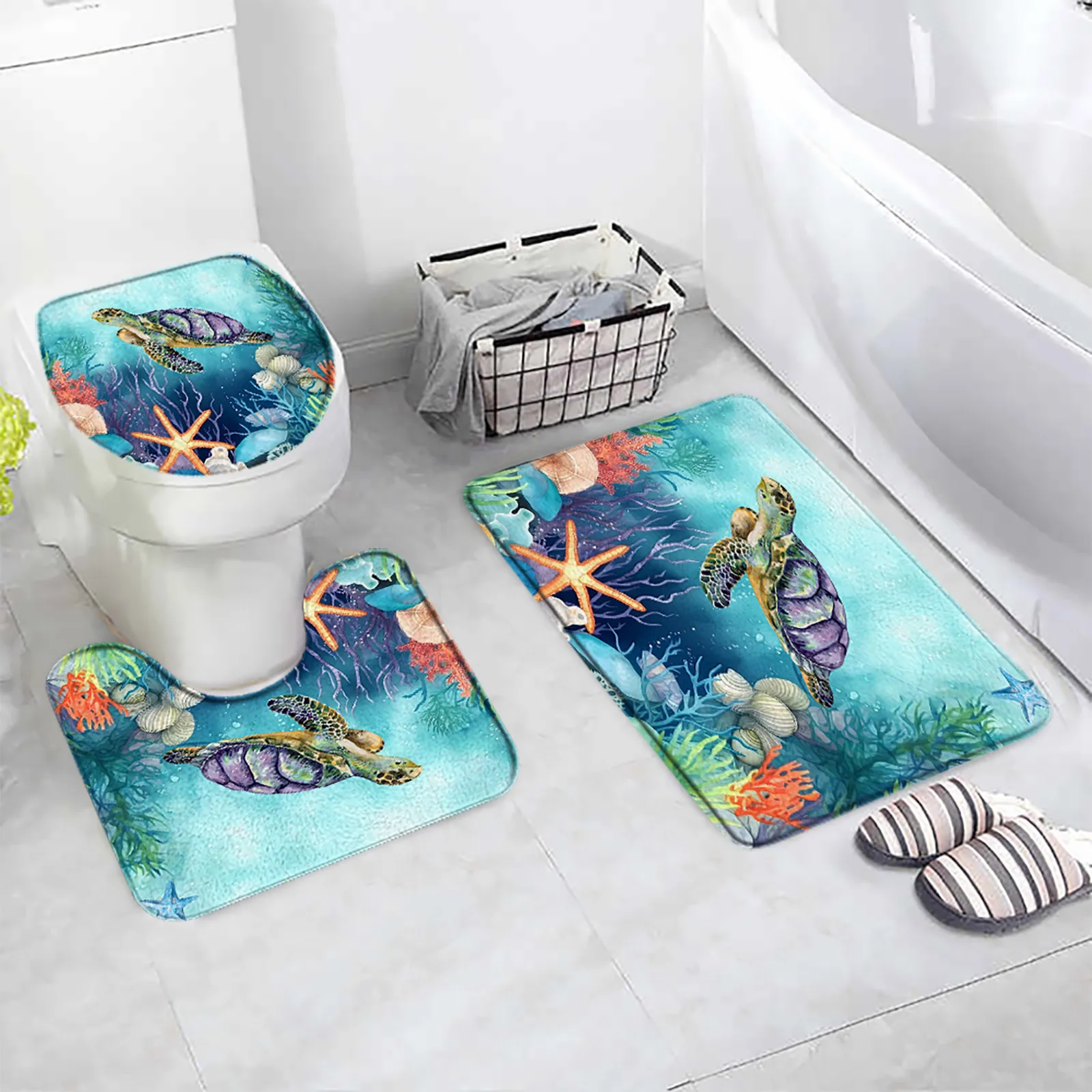 

Sea Turtle Bath Mat Set Starfish Coral Watercolour Ocean Animal Home Bathroom Decor Flannel Carpet Non-Slip Rug Toilet Lid Cover