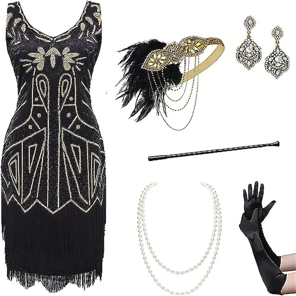 

Retro Vintage Roaring 20s 1920s Flapper Dress Outfits The Great Gatsby Women's Sequins Tassel Fringe Evening Dress Attire