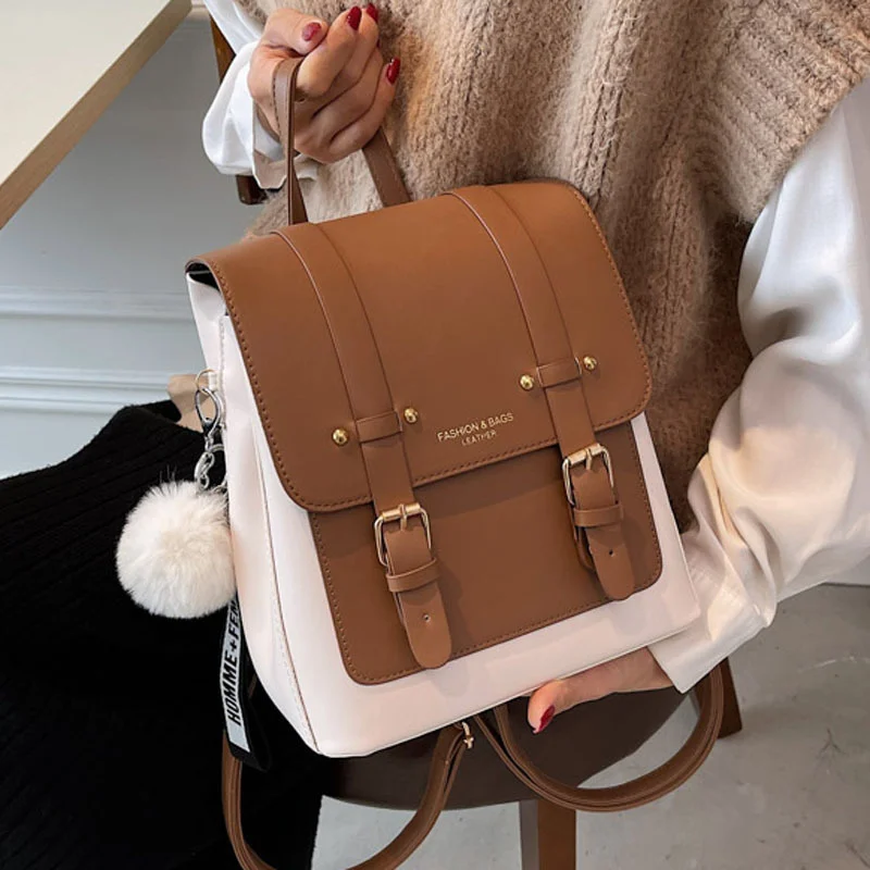 

New Fashion Retro Ladies Backpack Contrast Color PU Student Bag All-match Travel Bag Campus College Style Schoolbag