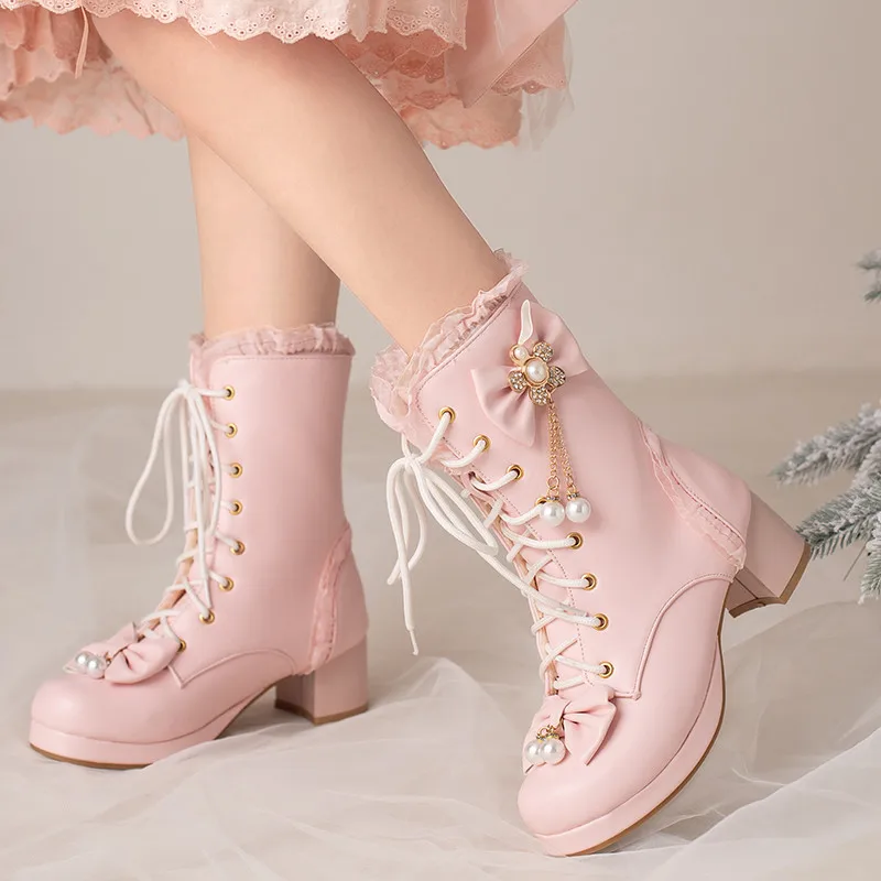 

Autumn Winter Lolita Style Bows Pearls Chain Pendant Ankle Ladies Boots Cross-tied Low Heel Platform Pink Jk Party Women Shoes