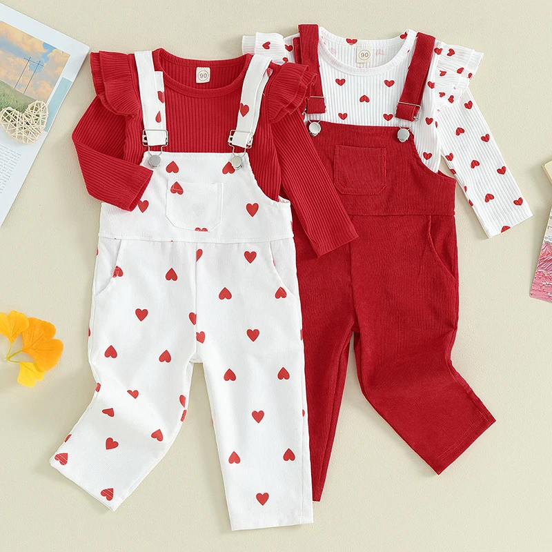 

2023-11-16 Lioraitiin Toddler Baby Girl Valentine's Day Outfit Heart Ruffle Long Sleeve Ribbed Shirt Top Bib Suspender Pants