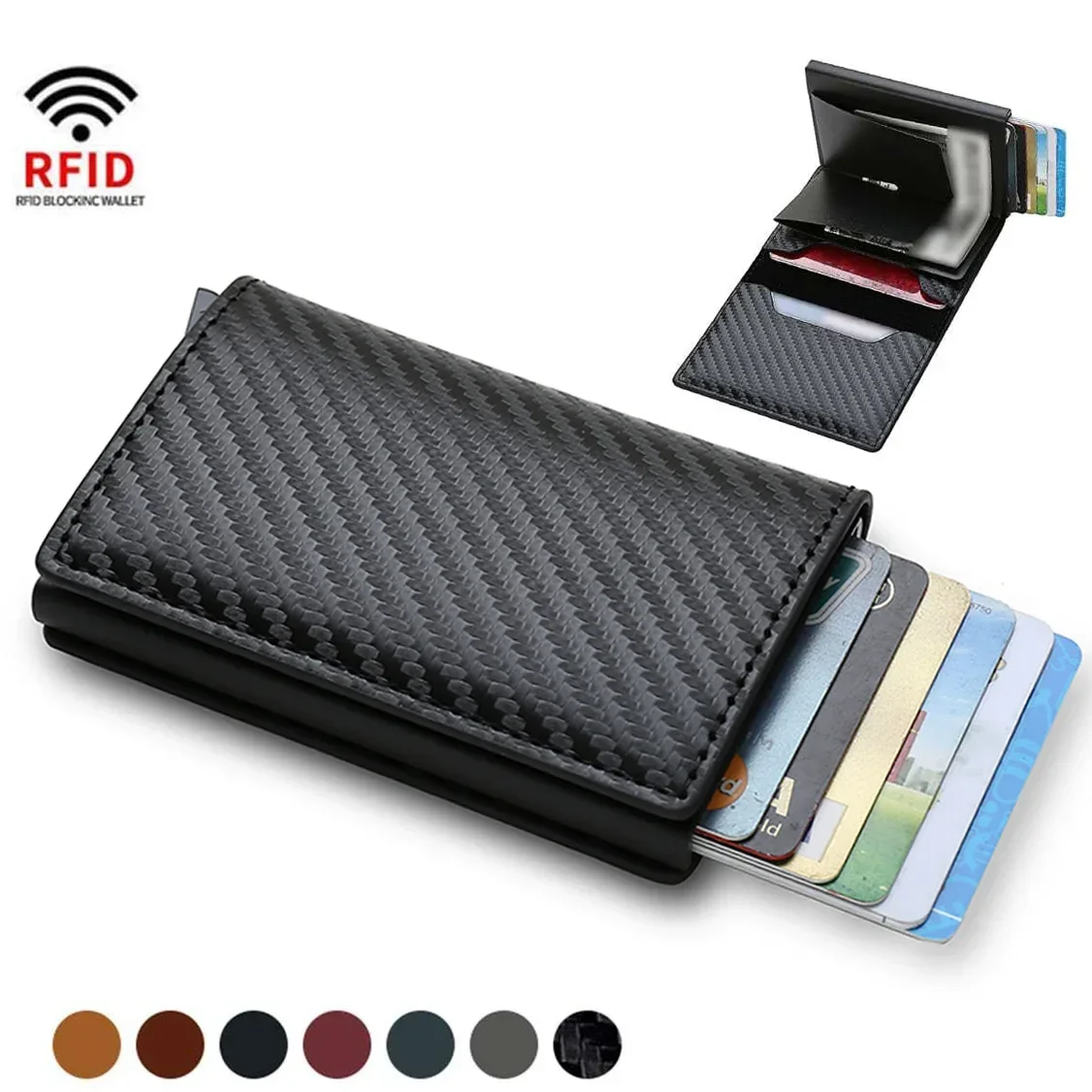 

Carbon Fiber Slim Aluminum Men Wallet ID Credit Card Holder Mini RFID Wallet Automatic Pop Up Bank Card Case Black Vallet 2024