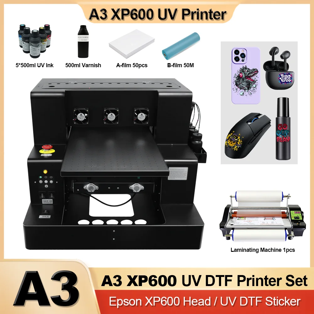 

A3 UV Flatbed Printer with XP600 Printhead For Bottle Phonecase Acrylic Glass UV DTF Printer Varnish AB Film Transfer Sticker