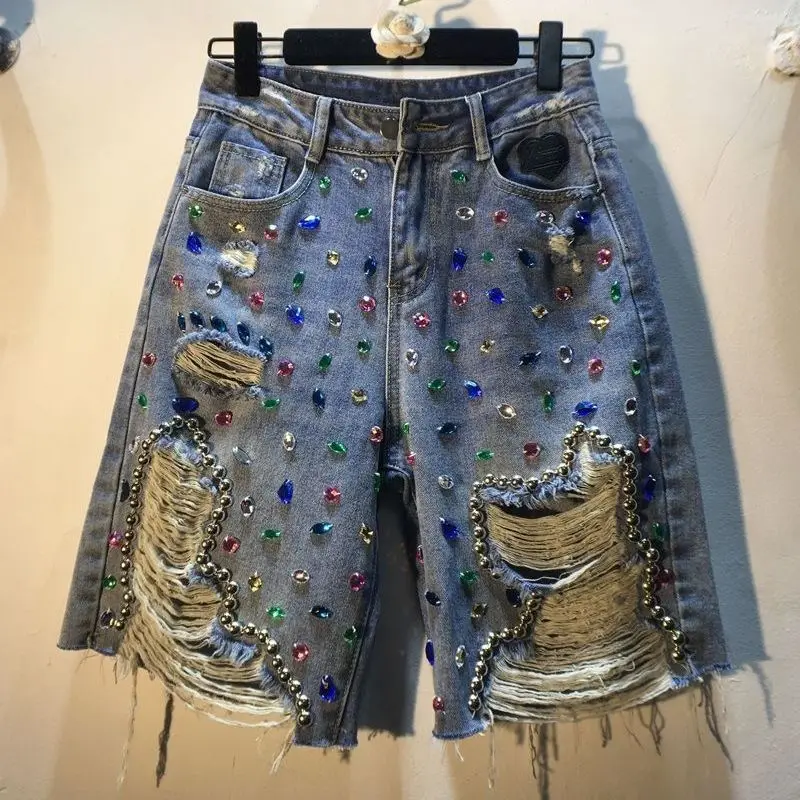 

Diamond Studded Denim Shorts High Waisted Hole Straight Leg Tassels Pants 2024 Women's Spring/Summer Versatile Short Jeans