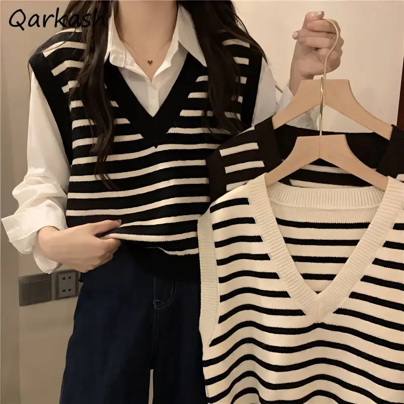 

Sweater Vests Women Ulzzang Autumn Soft Cozy Striped Vintage Sweet Gentle Students Harajuku V-neck Office Lady Temper Loose New